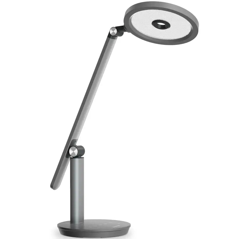 Modern gray metallic honeywell h6 desk lamp with circular led head and adjustable arm for home office use