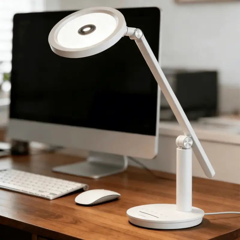 White minimalist honeywell h6 desk led lamp with circular adjustable head and sleek metallic joints for home office use