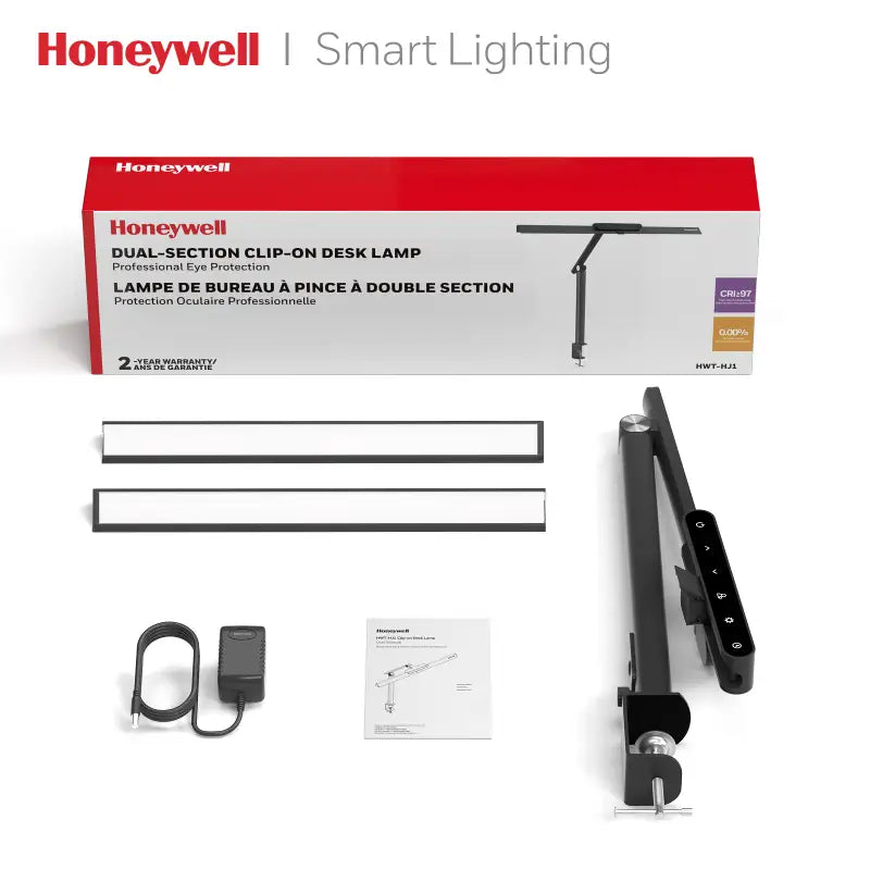 Black Honeywell HJ1 dual-section clip-on desk lamp with adjustable arms and control panel for architect desk use