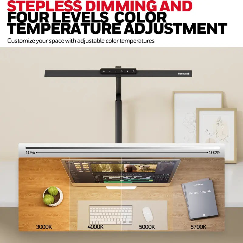 Black honeywell hj1 desk lamp with clamp featuring stepless dimming and four color temperature levels for architect desk use