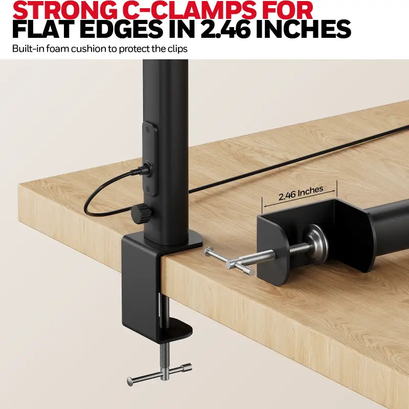Black metal c-clamp with foam cushion for flat edges up to 2.46 inches included with honeywell hj1 led architect desk lamp