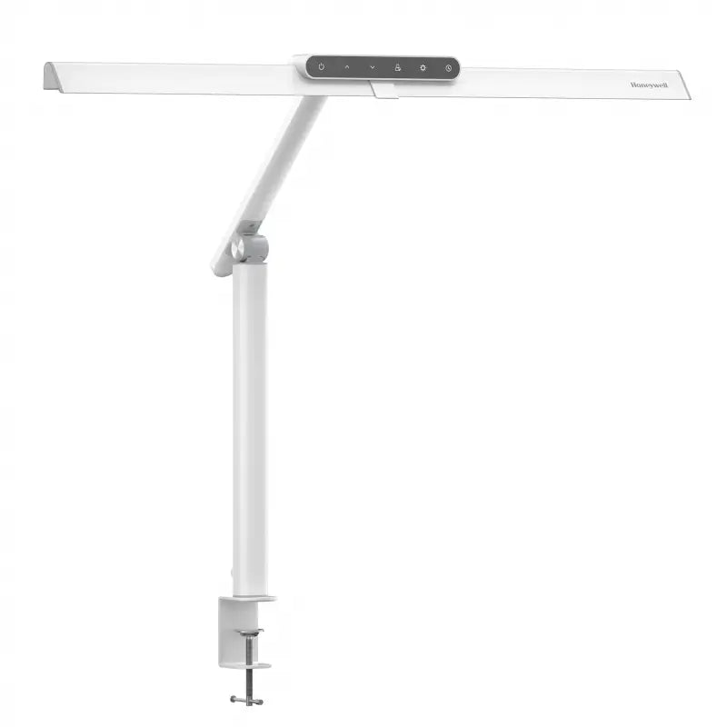 White honeywell hj1 desk lamp with clamp featuring sleek modern design and adjustable arm ideal as led architect desk lamp