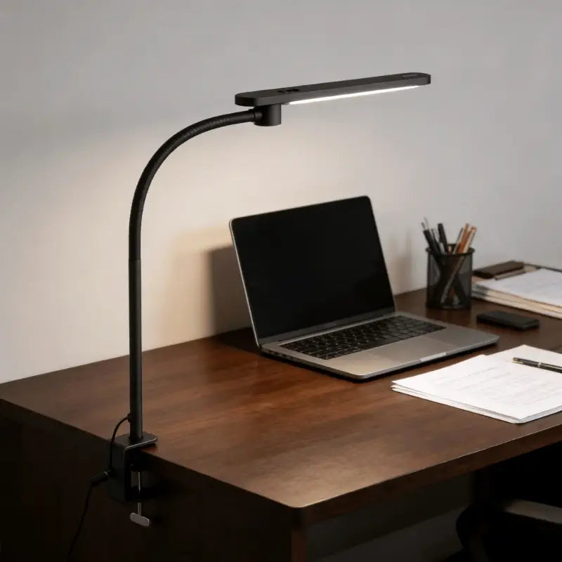 Black honeywell hwt-hj2 clip desk lamp with adjustable curved gooseneck and rectangular led light head