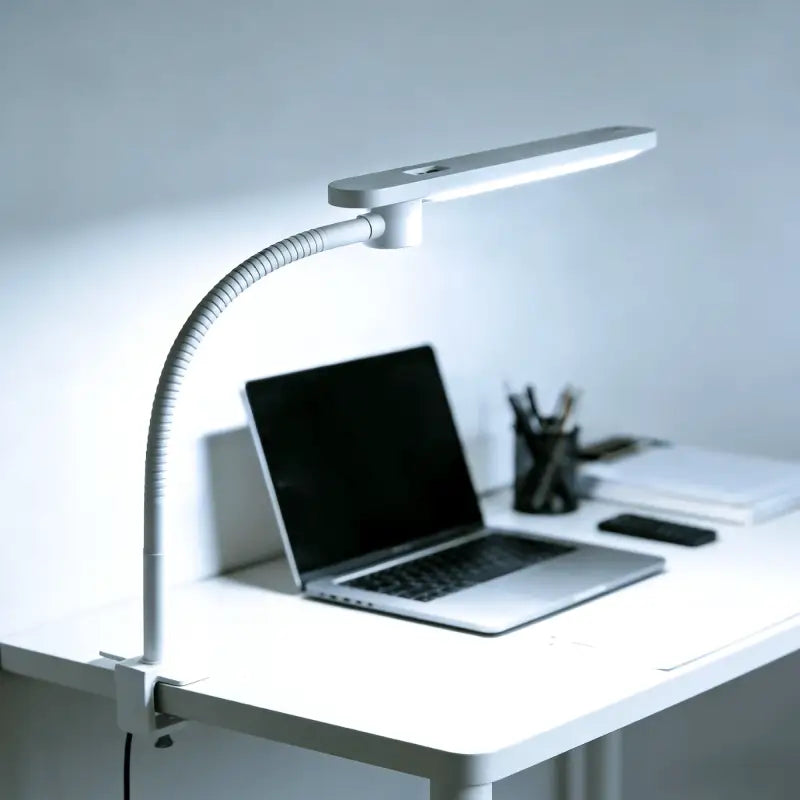 White adjustable honeywell hj2 clip desk lamp with flexible gooseneck and sleek minimalist design for workspace lighting