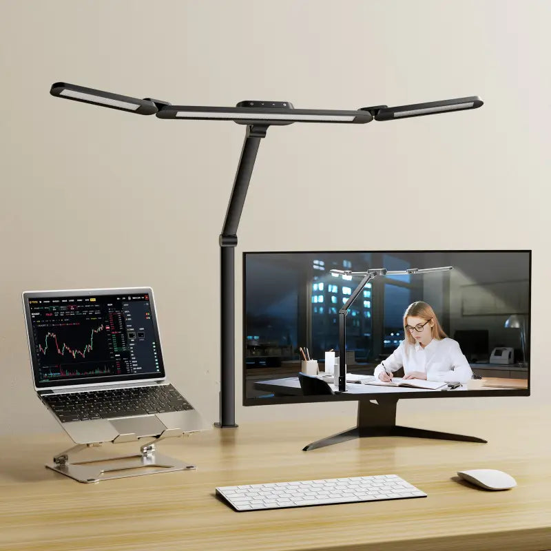 Black honeywell hj3 clip on desk lamp with three led light bars and central control panel for color temperature adjustment