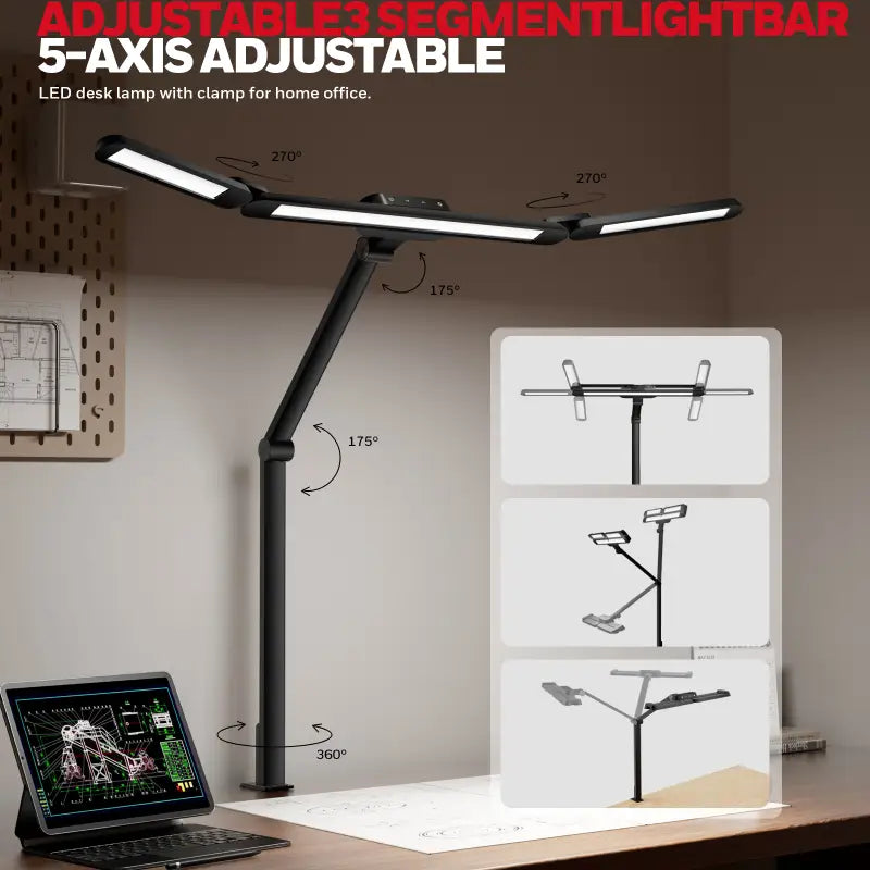 Black honeywell hj3 clip on desk lamp with adjustable led segmented light bars and clamp base for color temperature control