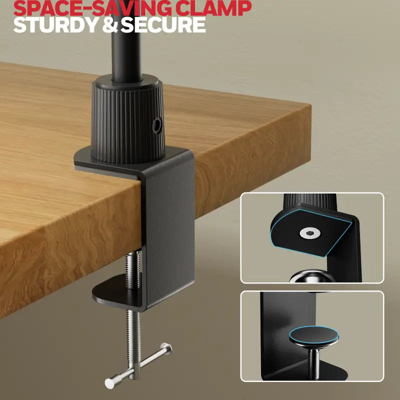 Black space-saving clamp of honeywell hj4 dual-head gooseneck led desk lamp with ribbed knob and metallic screw mechanism