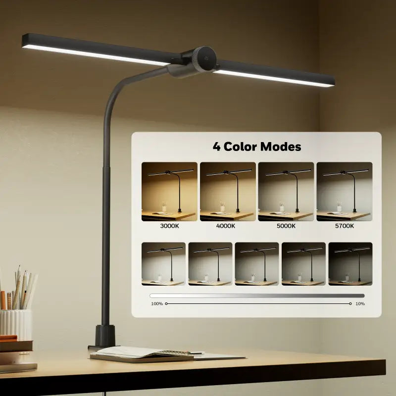 Black Honeywell HJ4 dual-head gooseneck led desk lamp with clamp and four color temperature modes for adjustable lighting