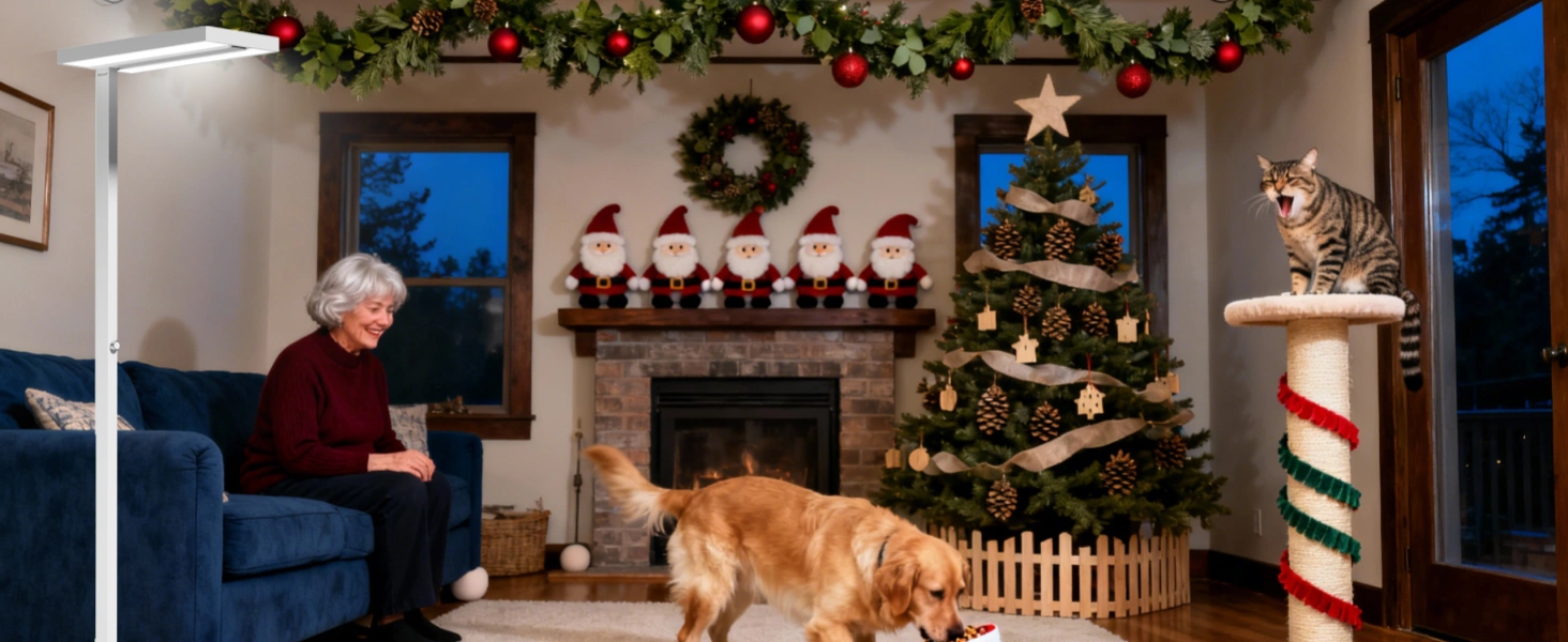 Iluminación LED cálida sin parpadeos que crea un ambiente navideño cómodo para gatos y perros