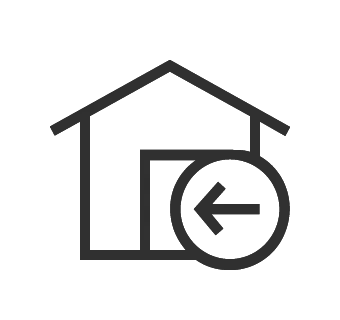 Simple line icon showing a house with a circular arrow pointing left.