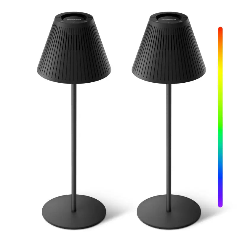 Black Honeywell M1 RGB cordless table lamp with sleek ribbed conical shade and slender stand for stylish night light use
