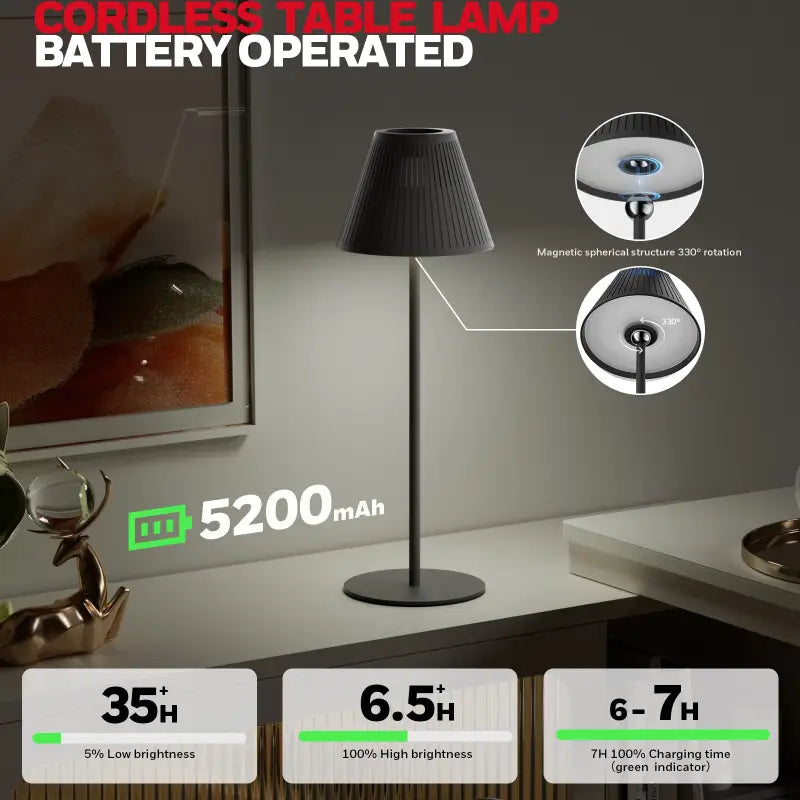 Honeywell M1 RGB black cordless table lamp with sleek ribbed shade and magnetic spherical base for 360-degree rotation