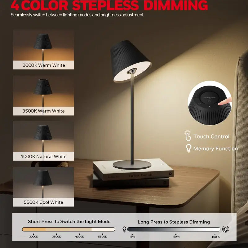 Black textured honeywell m1 rgb cordless table lamp with touch control and memory function for night light use