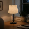Honeywell hwt-m2 table lamp with warm-toned dark metal base textured off-white fabric shade and built-in charging port