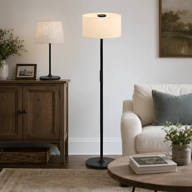 Honeywell hwt-m2 black table lamp with cylindrical off-white shade and built-in charging port for soft LED lighting