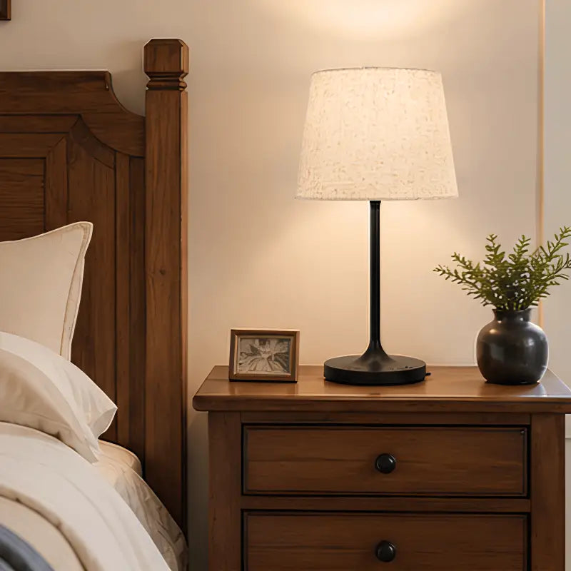 Honeywell hwt-m2 table lamp with warm-toned textured off-white fabric shade black metal base and charging port