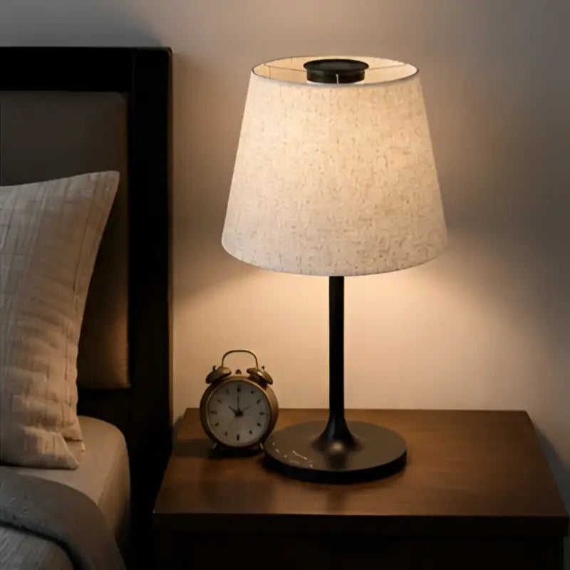 Honeywell hwt-m2 black table lamp with textured off-white fabric shade and built-in charging port for modern use