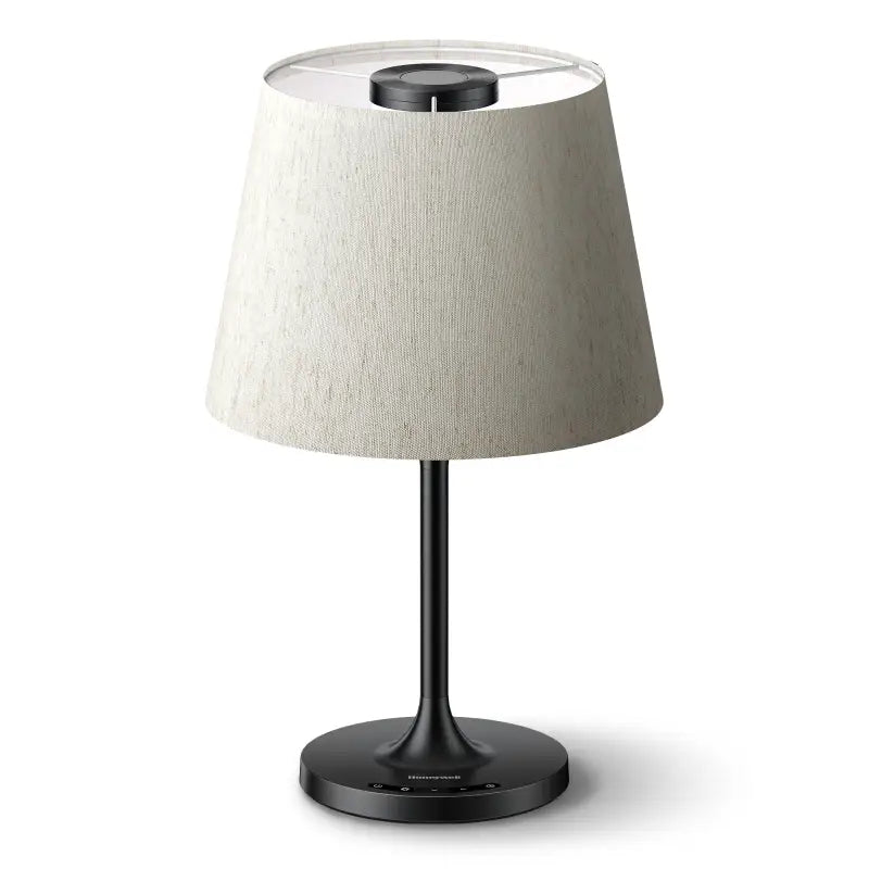 Black honeywell hwt-m2 table lamp with textured beige fabric shade and built-in charging port for soft retro lighting