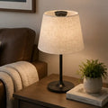 Honeywell hwt-m2 table lamp with cream linen lampshade and black metal base featuring a charging port
