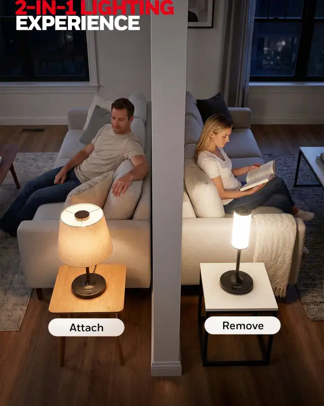 Honeywell hwt-m2 table lamp with warm fabric shade and dark metal base featuring a charging port for convenience