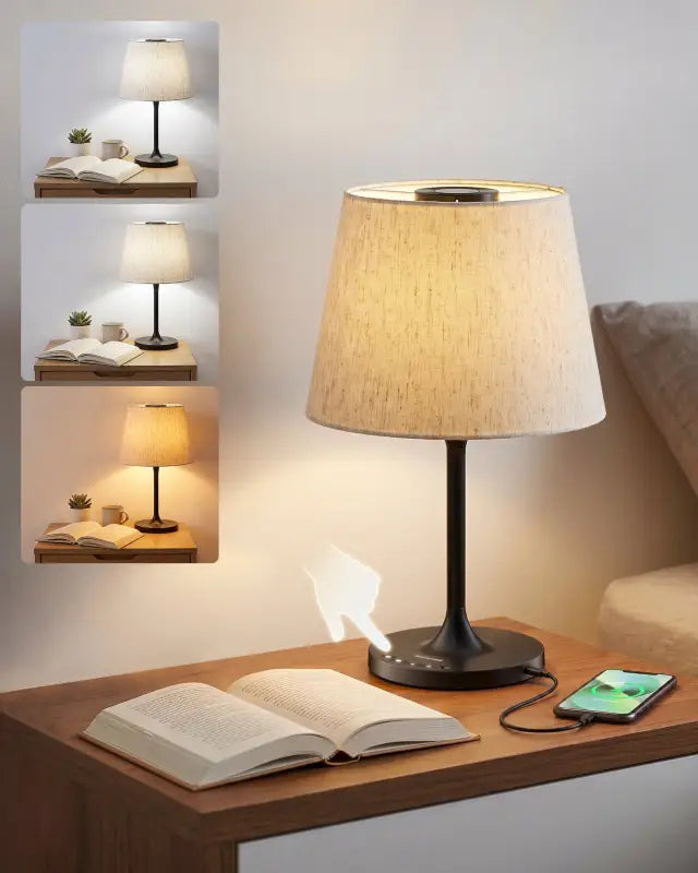 Honeywell HWT-M2 black metal table lamp with beige fabric shade and integrated usb charging port for bedside use
