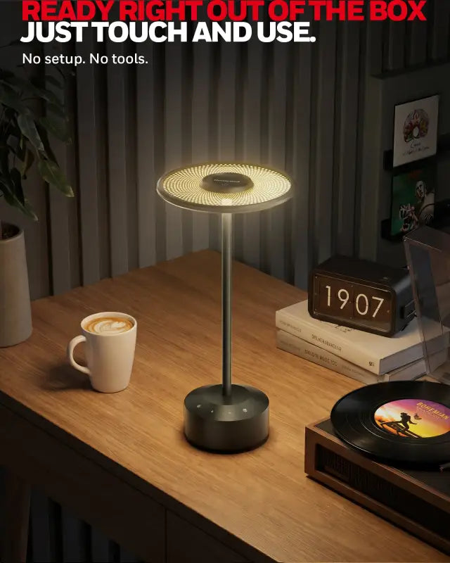 Honeywell m4 portable rechargeable cordless led table lamp with circular illuminated head and sleek metallic base