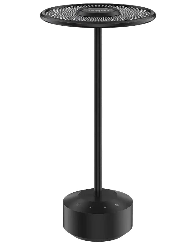 Black circular honeywell m4 portable rechargeable cordless led table lamp with sleek modern design and perforated top surface
