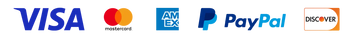 Common payment method logos arranged horizontally including Visa, Mastercard, American Express, PayPal, and Discover.