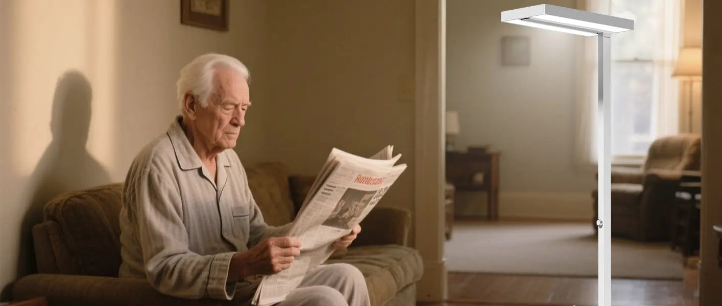 Honeywell smart floor lamp illuminating senior reading area with adjustable brightness