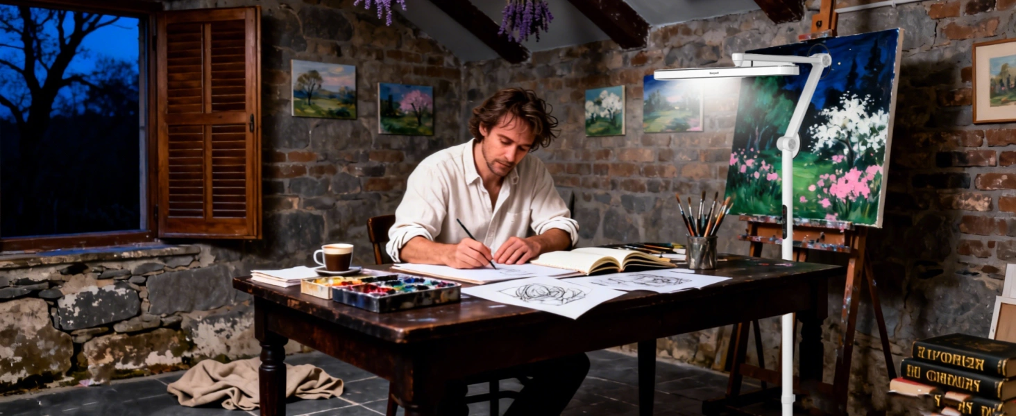 Professional watercolor artist using Honeywell 05D01 floor lamp with seamless dimming for detailed spring creative work