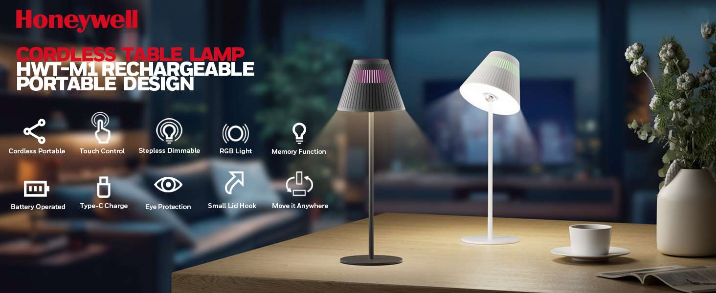 Lámpara de mesa inteligente Honeywell con luz ambiental cálida sobre una moderna mesita de noche en el dormitorio creando un ambiente acogedor