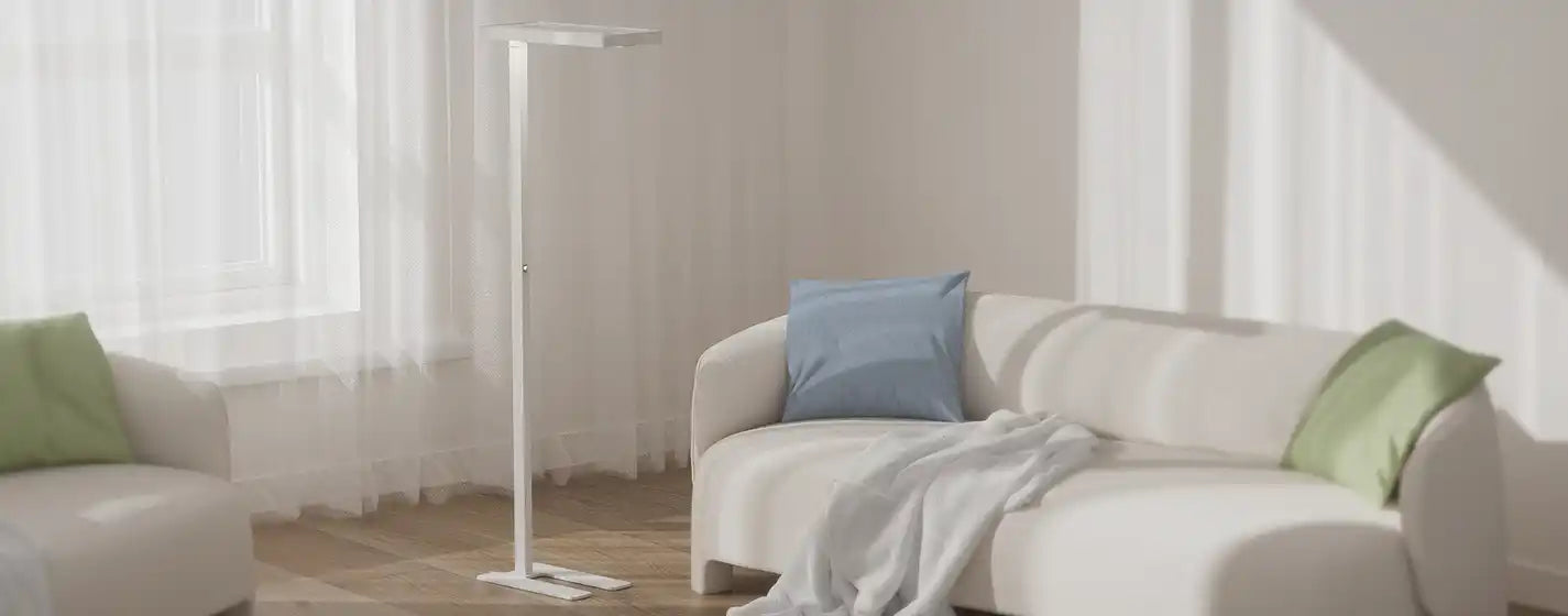 White floor lamp with a slim, minimalist design.