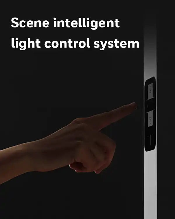 Scene-intelligent light control switch with a finger pointing towards it.