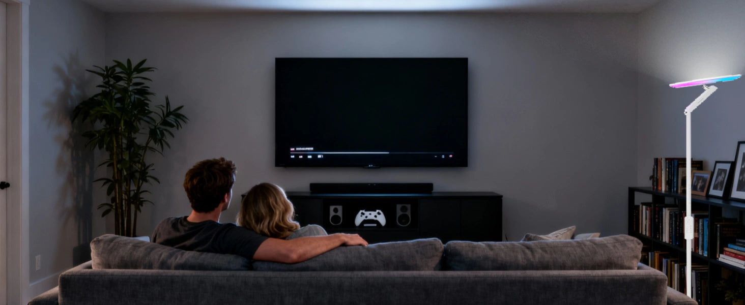 Geschichtetes Ambientebeleuchtungskonzept mit Stehlampe, das die perfekte Atmosphäre für einen Filmabend zu zweit schafft