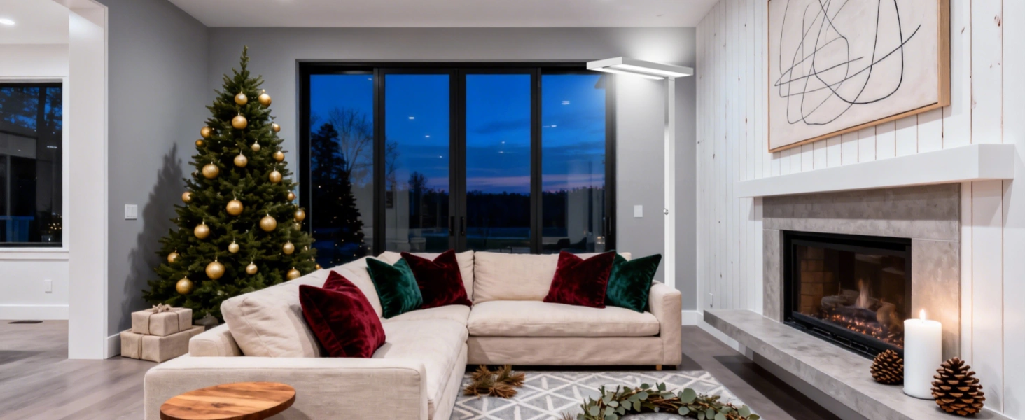 Safe Christmas home lighting setup with stable floor lamp near decorated tree in family living room