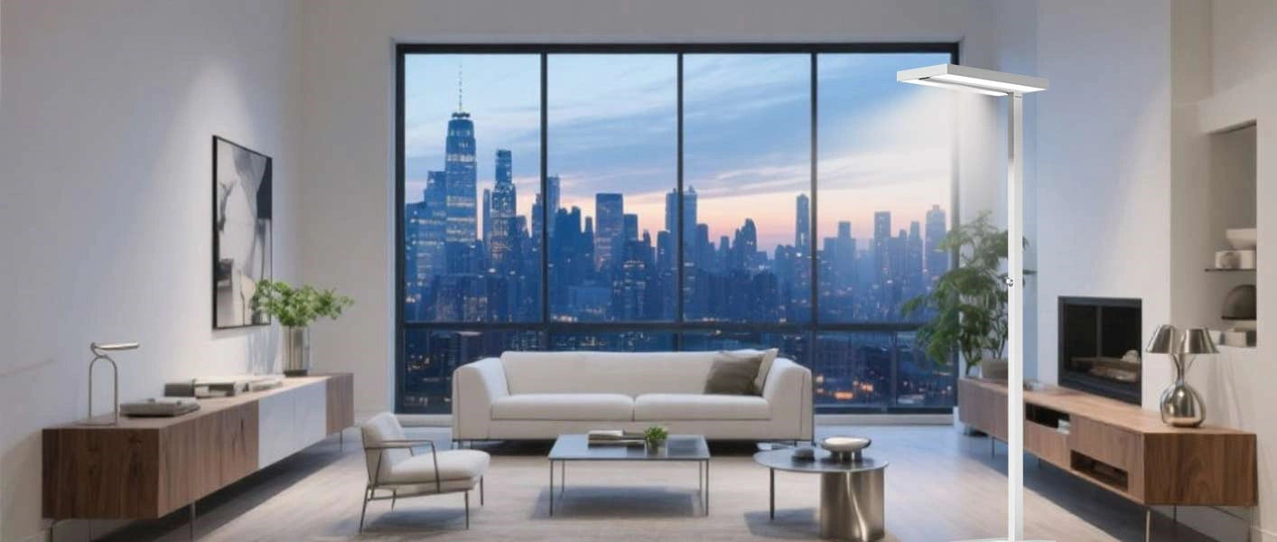 Leseecke im Wohnzimmer mit Stehleuchte, die zwischen zwei Sesseln fokussiertes Licht spendet