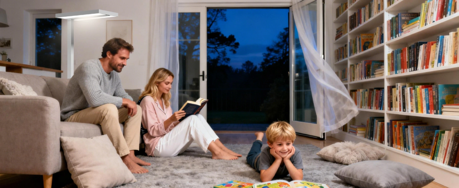Conseils d'investissement à long terme en éclairage domestique démontrés avec une lampe sur pied polyvalente servant plusieurs activités familiales