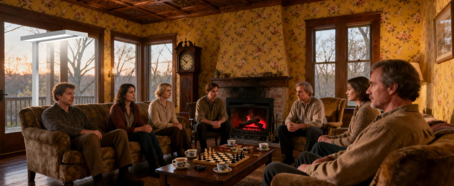 Rassemblement familial dans un salon bien éclairé avec un éclairage d'ambiance réglable