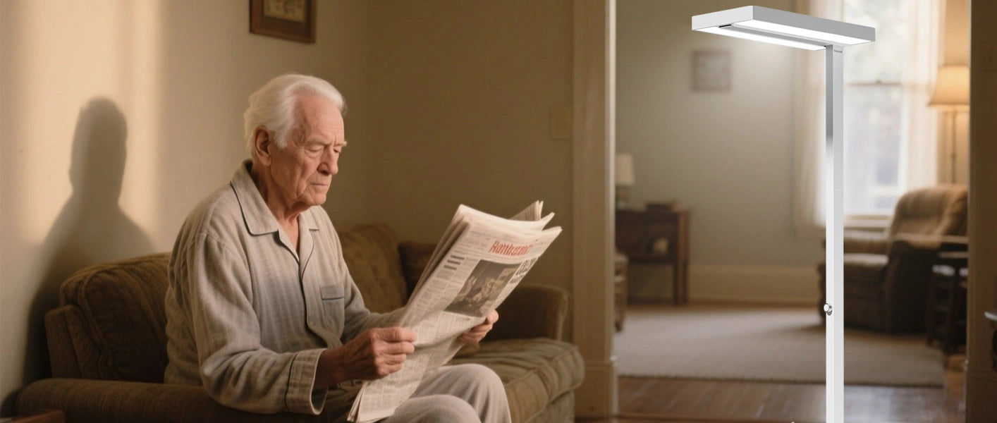 Stehlampe neben dem Bett positioniert, die weiches Leselicht bietet, ohne die Schlafumgebung für Senioren zu stören
