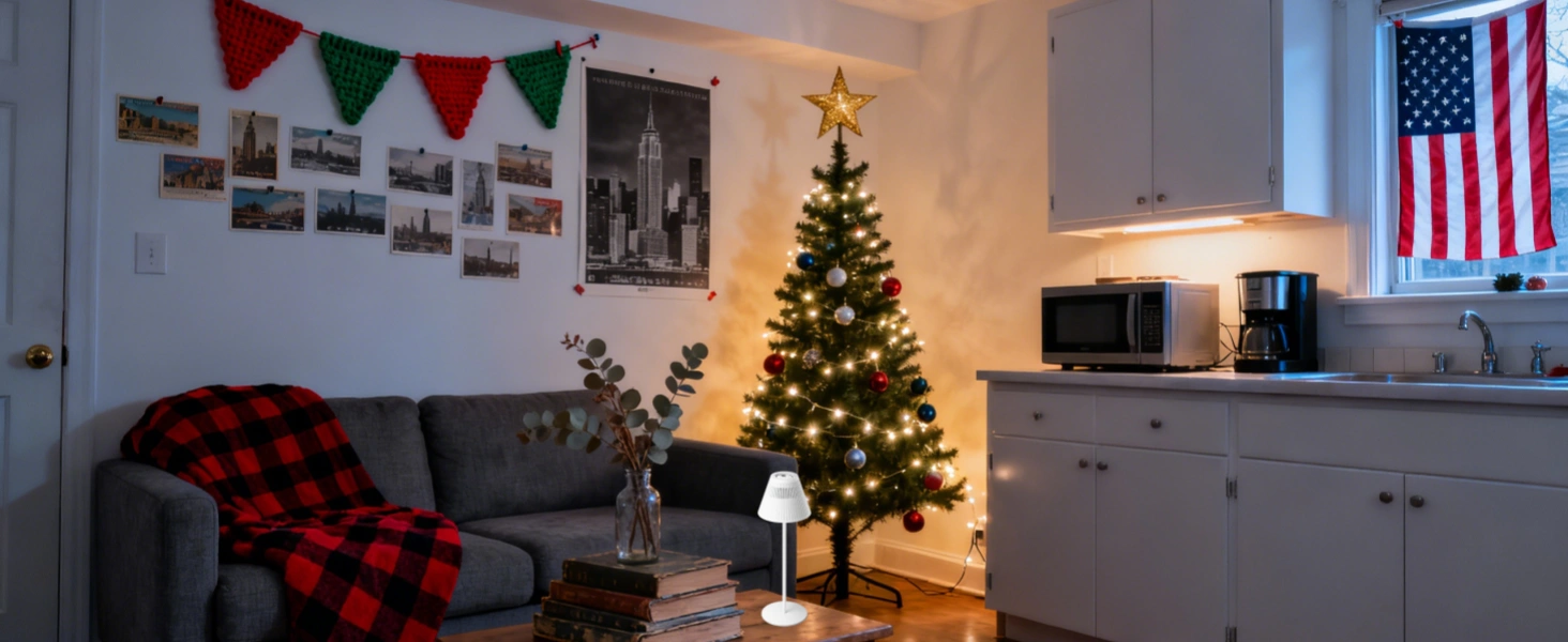 Minimalist holiday corner setup with adjustable smart lamp and small evergreen decorations