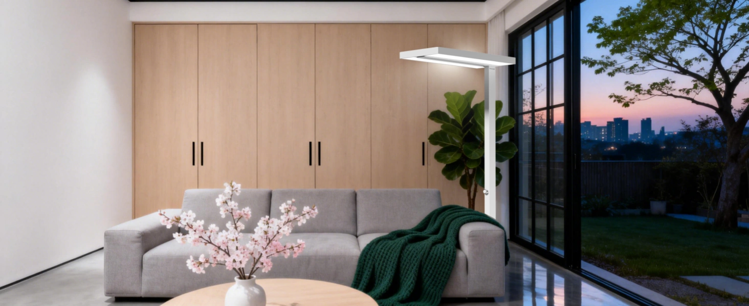 Lámpara de pie moderna minimalista situada en esquina luminosa de apartamento con muebles neutros