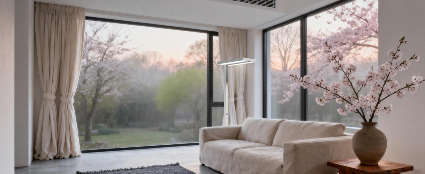 Lampada da terra moderna in soggiorno minimalista con luce naturale primaverile