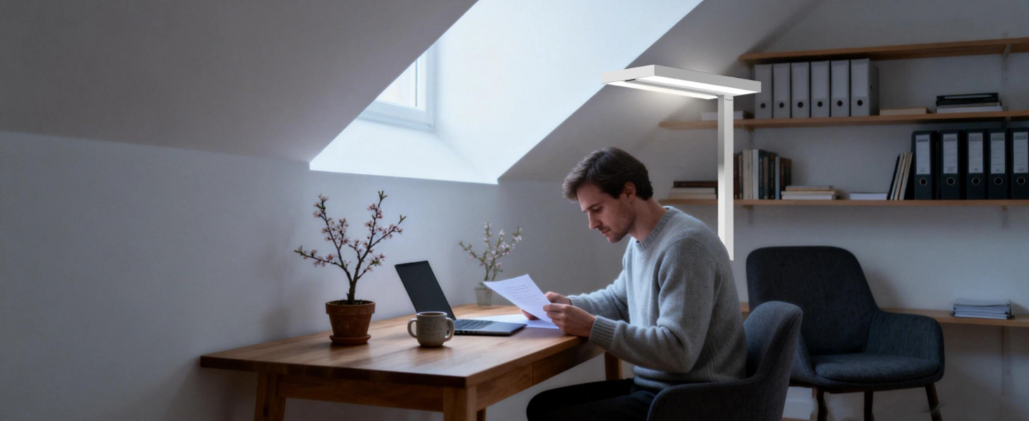 Sauberes minimalistisches Heimbüro mit strategisch platzierter Arbeitsbeleuchtung für den Frühling