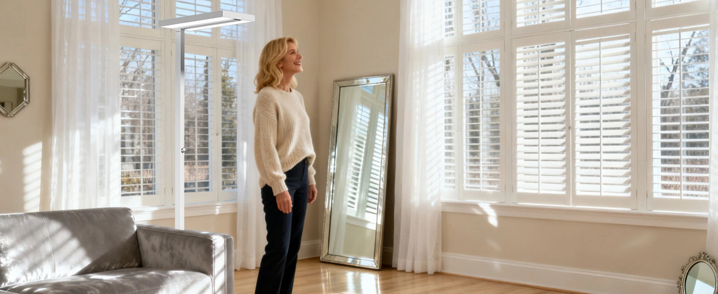 Strategic mirror placement technique doubling full spectrum light distribution in living space for natural daylight effect