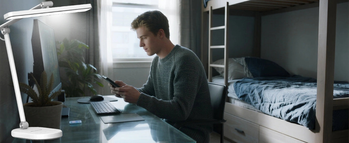 Modern dorm room furniture setup with smart lighting and decor