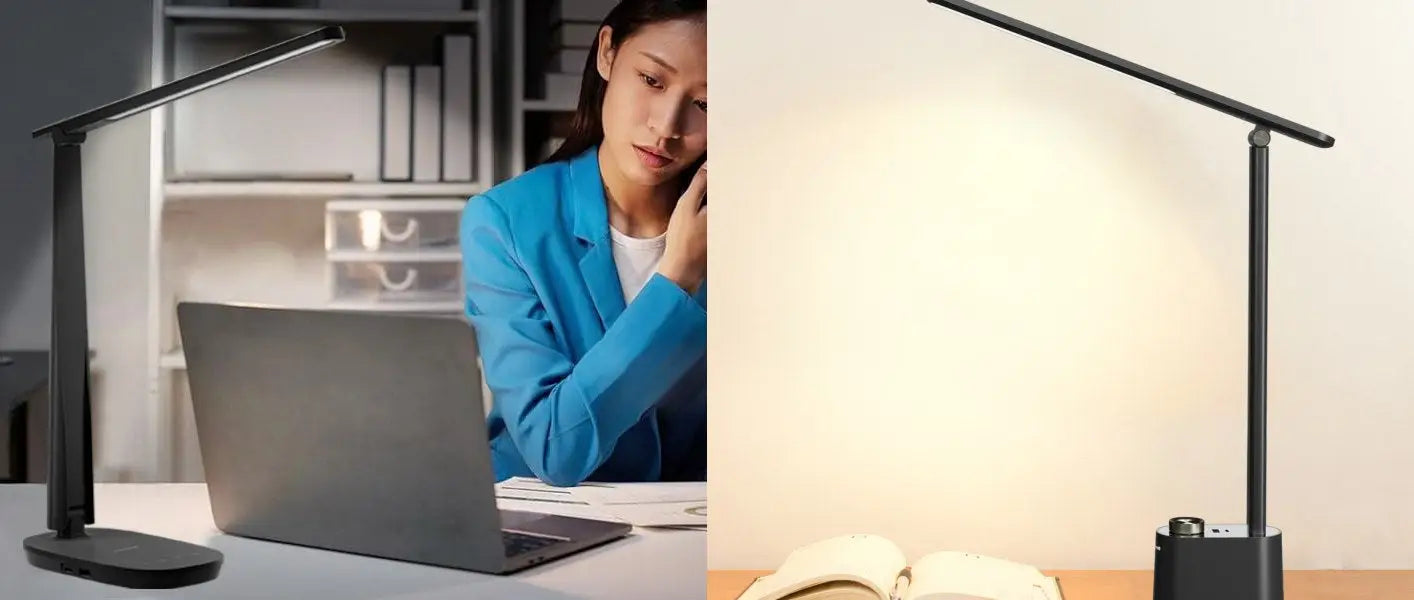 Modern LED desk lamp on a stylish home office desk setup.