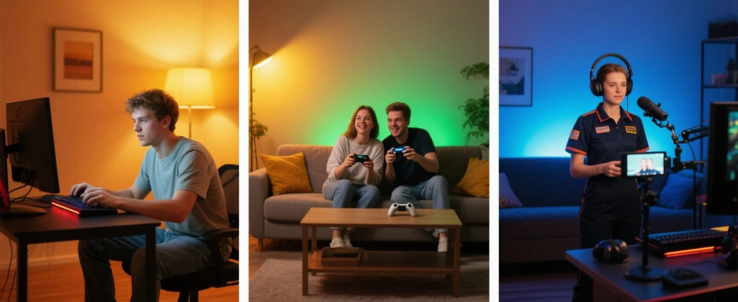 Modern gaming room with PC, console, and streaming equipment under optimal lighting