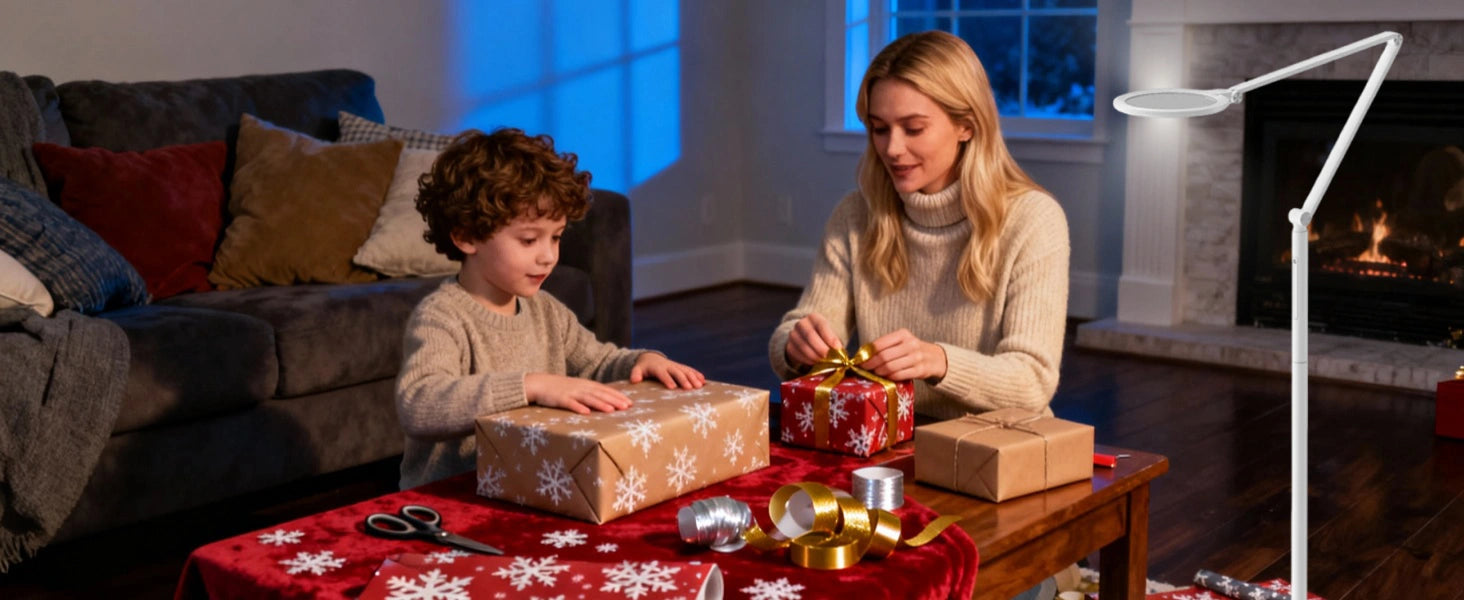 Lampada da terra posizionata a 45 gradi per leggere libri senza abbagliamento con eliminazione delle ombre