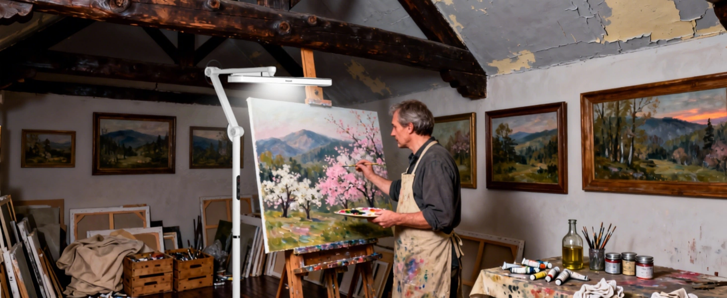 Color palette comparison under natural spring daylight versus Honeywell CRI 97 artificial daylight showing consistent color rendering