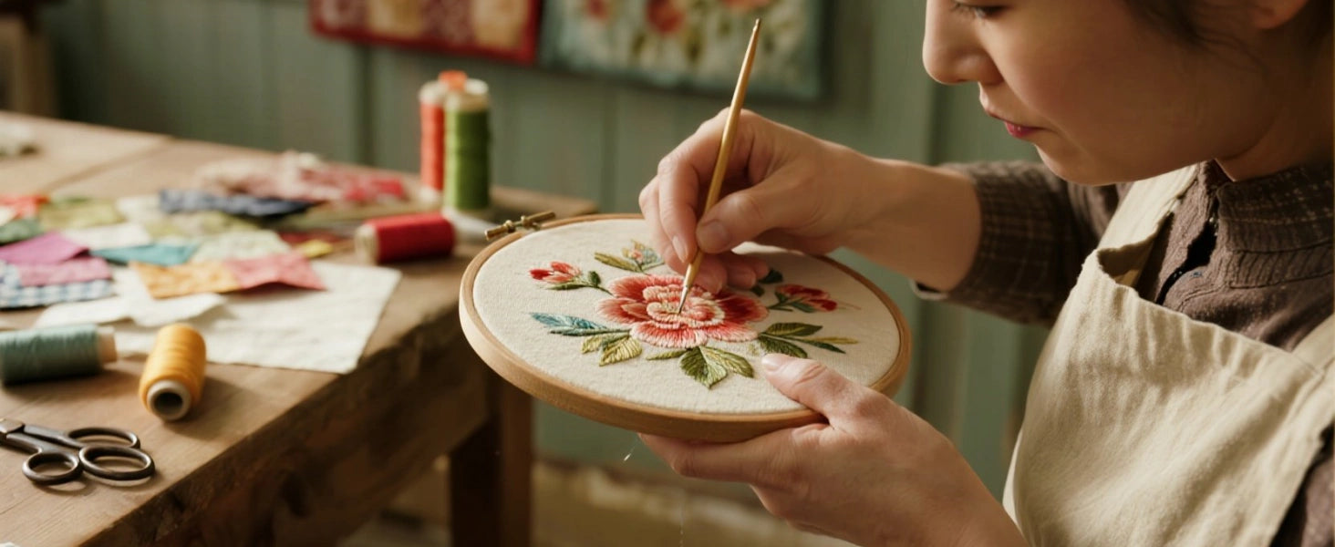 Anti-glare floor lamp in professional textile arts studio workspace